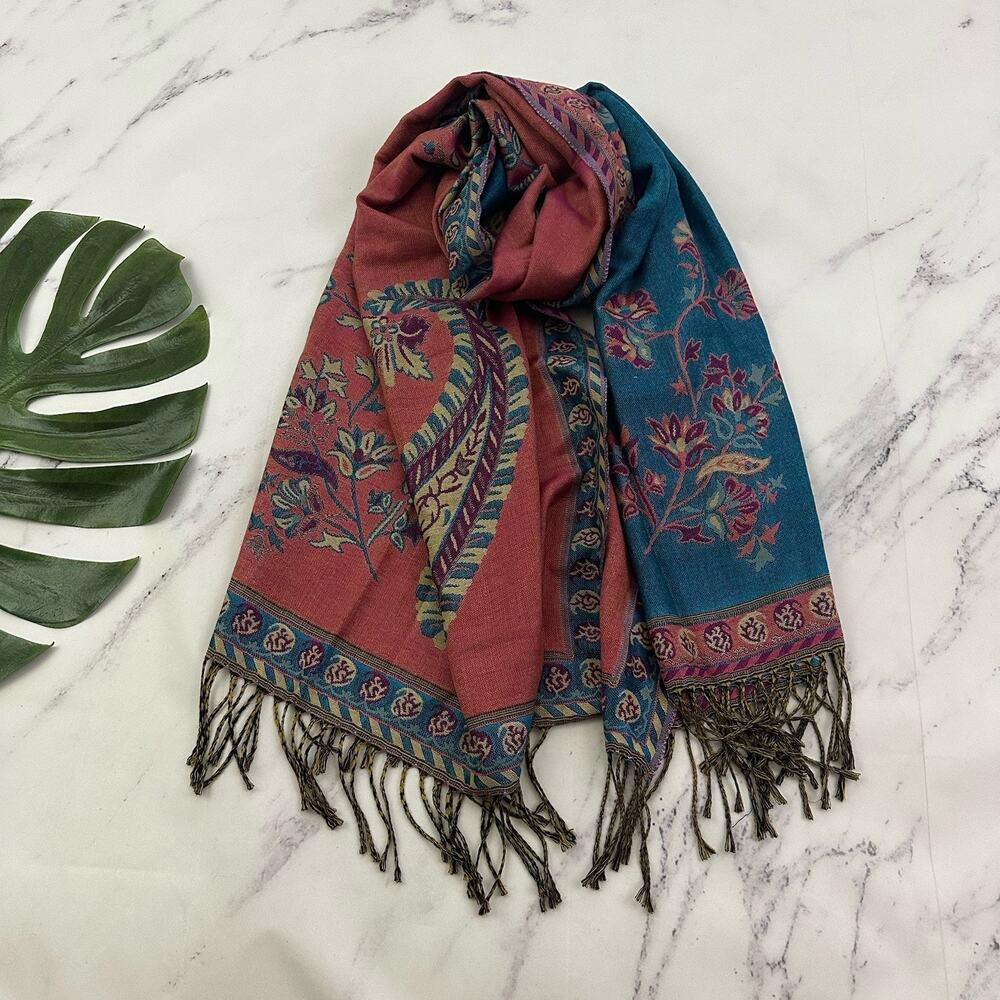 Vintage Y2k Paskmina Scarf Wrap Pink Blue Floral Pashmina Silk Paisley Boho